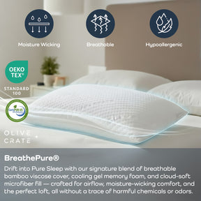 Olive + Crate adjustable pillow with breathable bamboo cover, moisture-wicking, hypoallergenic design.