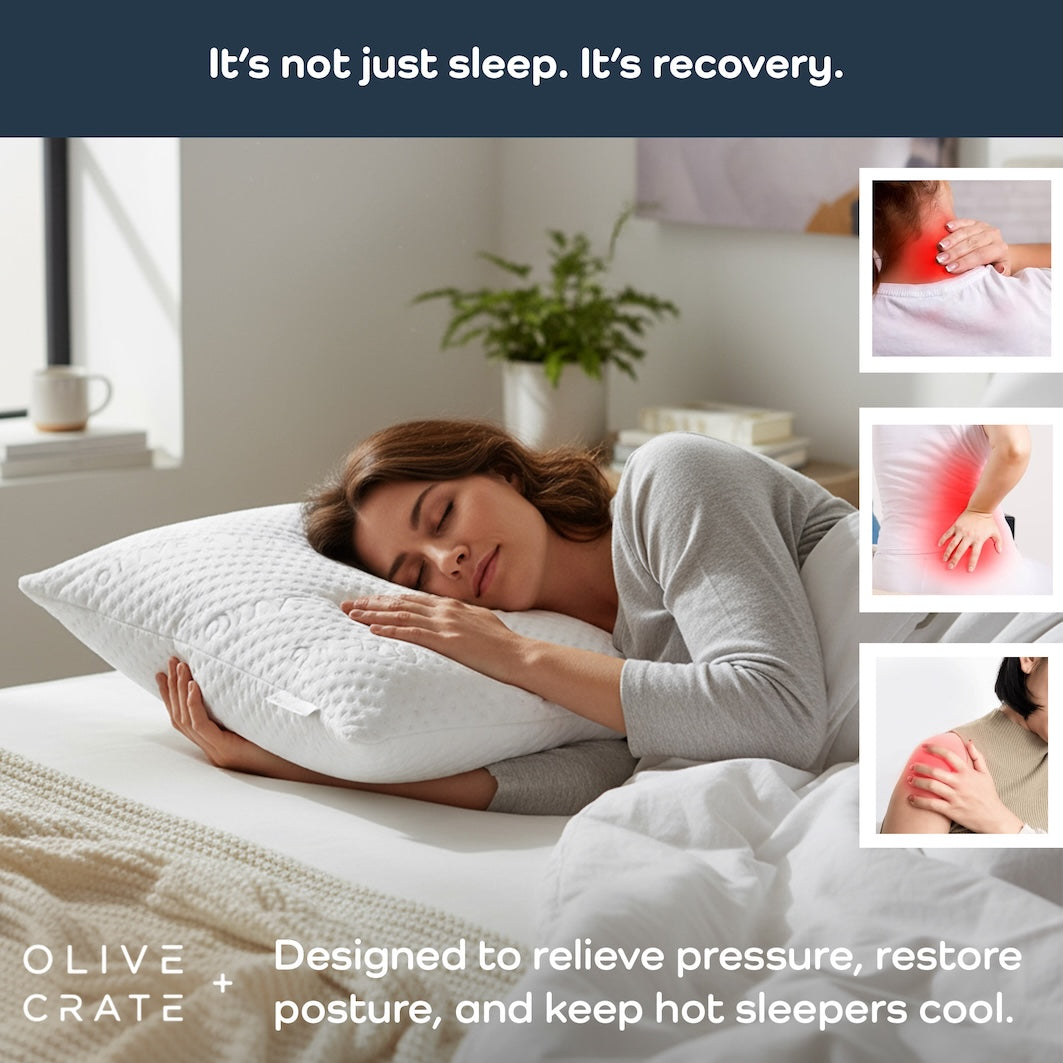 Pillow designed to relieve pressure, restore posture, and support recovery for hot sleepers.