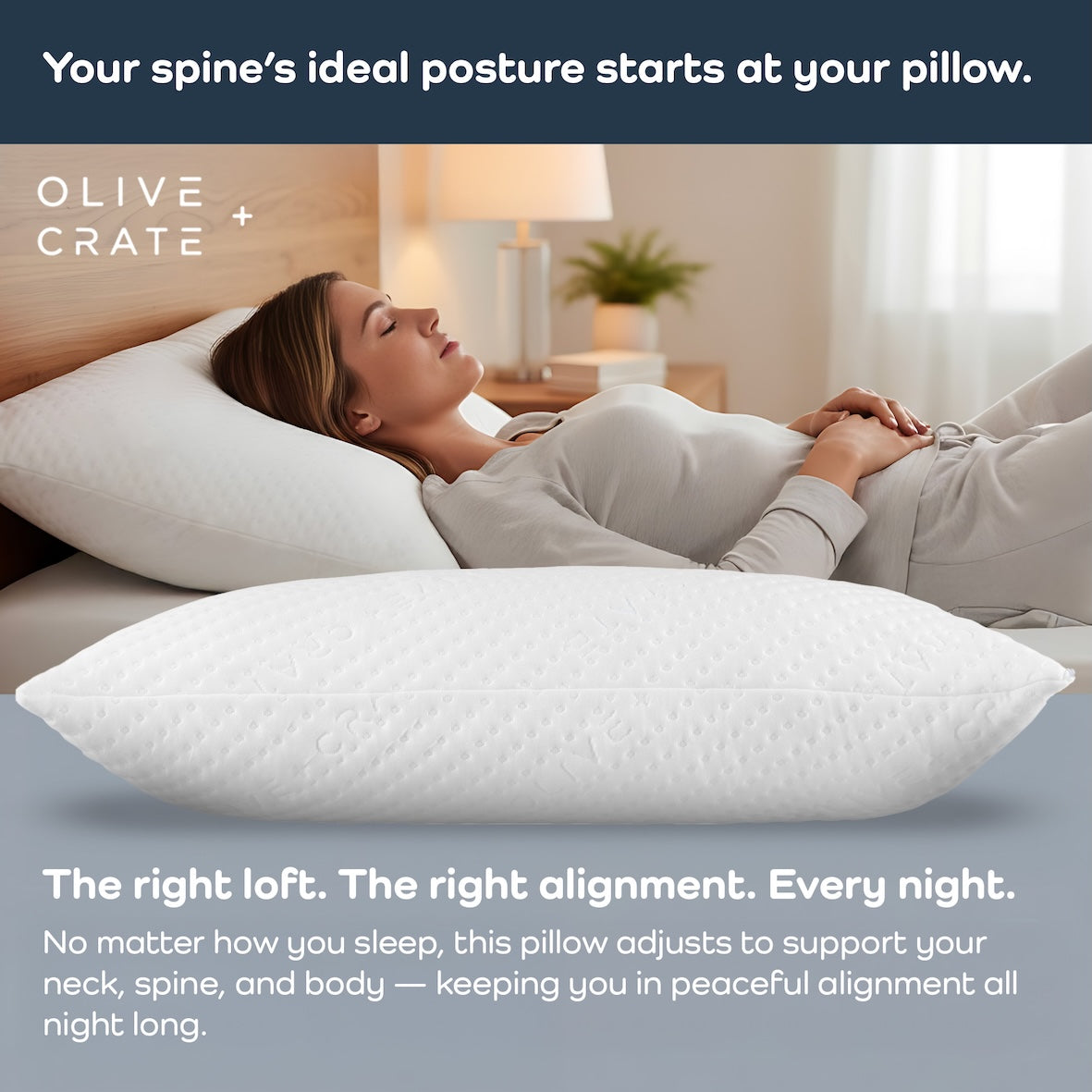 Adjustable pillow supporting correct spinal alignment and ideal posture for all sleep positions.
